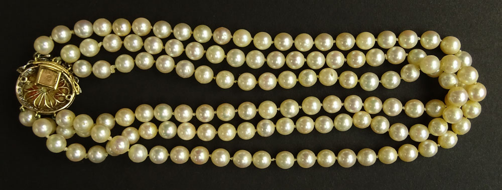 Circa 1964 Bulgari Three GIA Certified Strand White Salt Water Pearl Necklace.