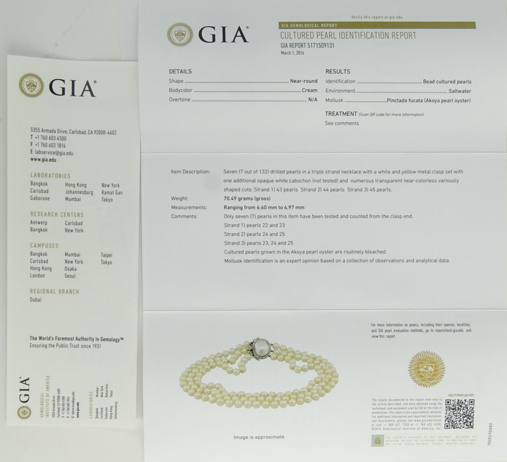 Circa 1964 Bulgari Three GIA Certified Strand White Salt Water Pearl Necklace.