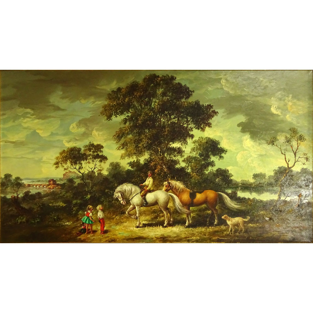 20th Century Continental, Possibly Hungarian Oil on Canvas "Landscape with Horses and Children" 