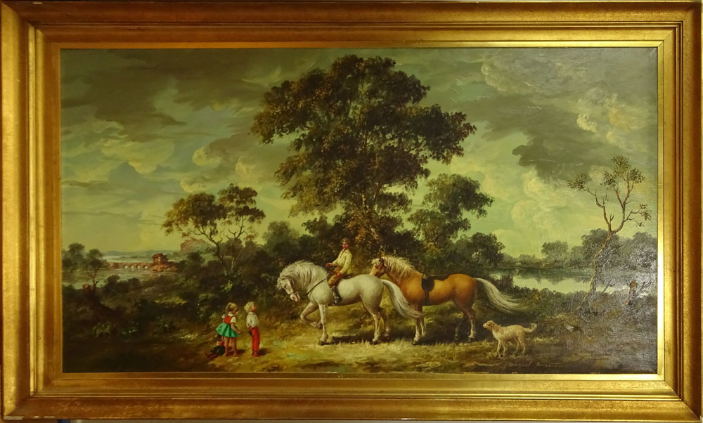 20th Century Continental, Possibly Hungarian Oil on Canvas "Landscape with Horses and Children" 