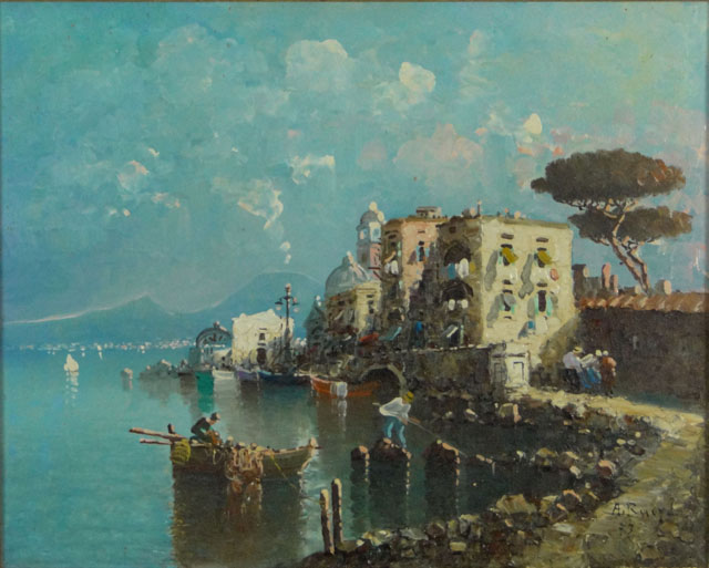 Italian School Oil on Canvas Board Under Glass "Bay of Naples and Mt. Vesuvius" 