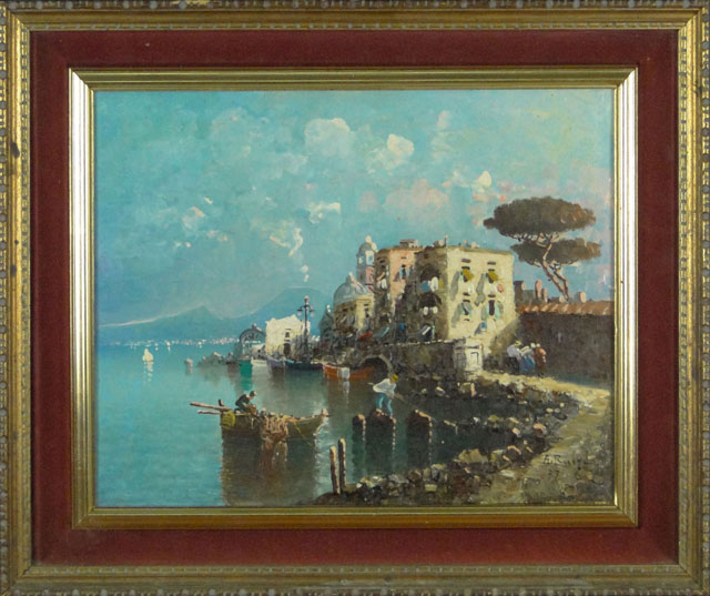 Italian School Oil on Canvas Board Under Glass "Bay of Naples and Mt. Vesuvius" 