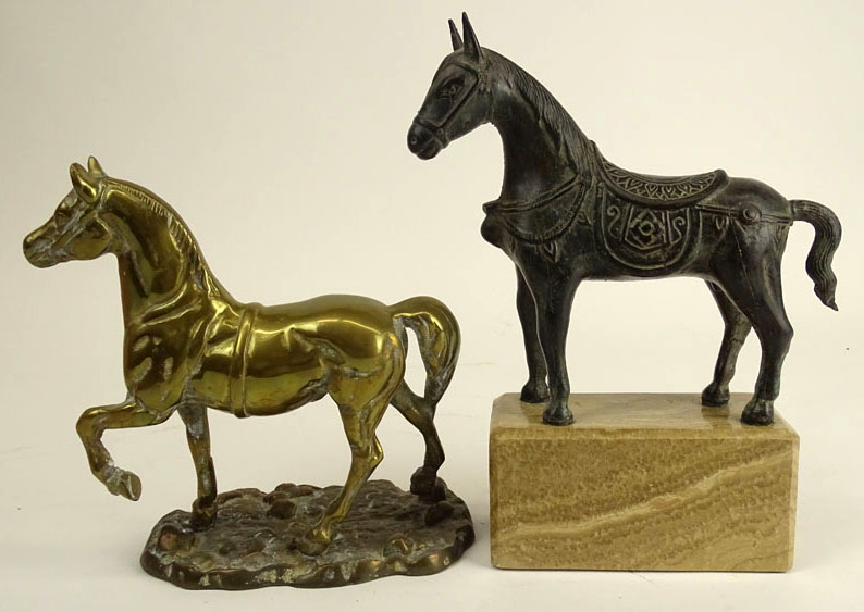 Lot of Two (2) Decorative Horse Figurines. A Tang Style Bronze Horse on Marble Base.