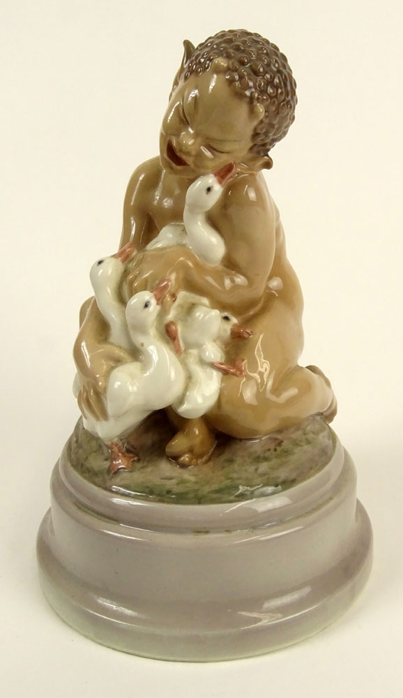 Large Royal Copenhagen Porcelain Figurine "Satyr With Geese" 