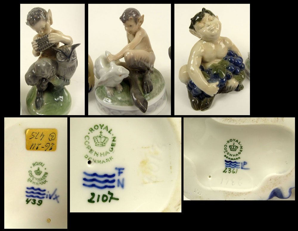 Lot of Three (3) Royal Copenhagen Porcelain Satyr Figurines in Various Poses with bunny and flute.