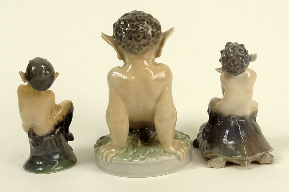 Lot of Three (3) Royal Copenhagen Porcelain Satyr Figurines in Various Poses with frogs and turtles.