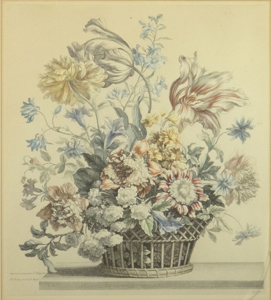  Two (2) 20th Century Hand Colored Engravings "Still Life with Flowers in Basket".