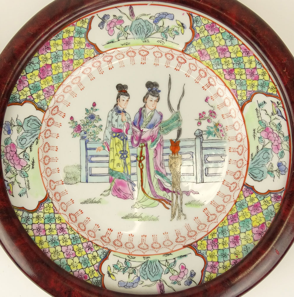 Pair 20th C Chinese Export Rose Mandarin Porcelain Plates in Rosewood Frames.