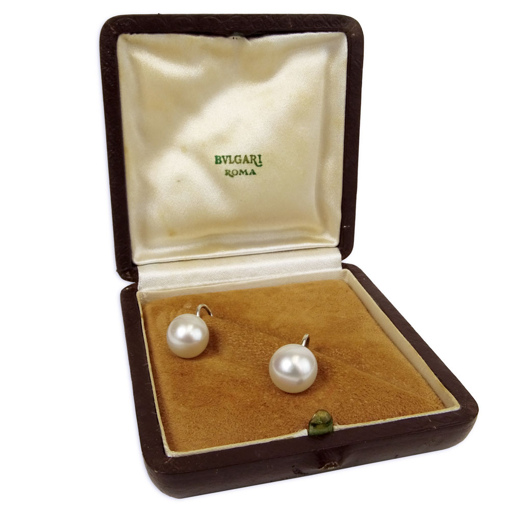 Circa 1974 Bulgari White Pearl and 14 Karat White Gold Earrings in Original Bulgari Box.