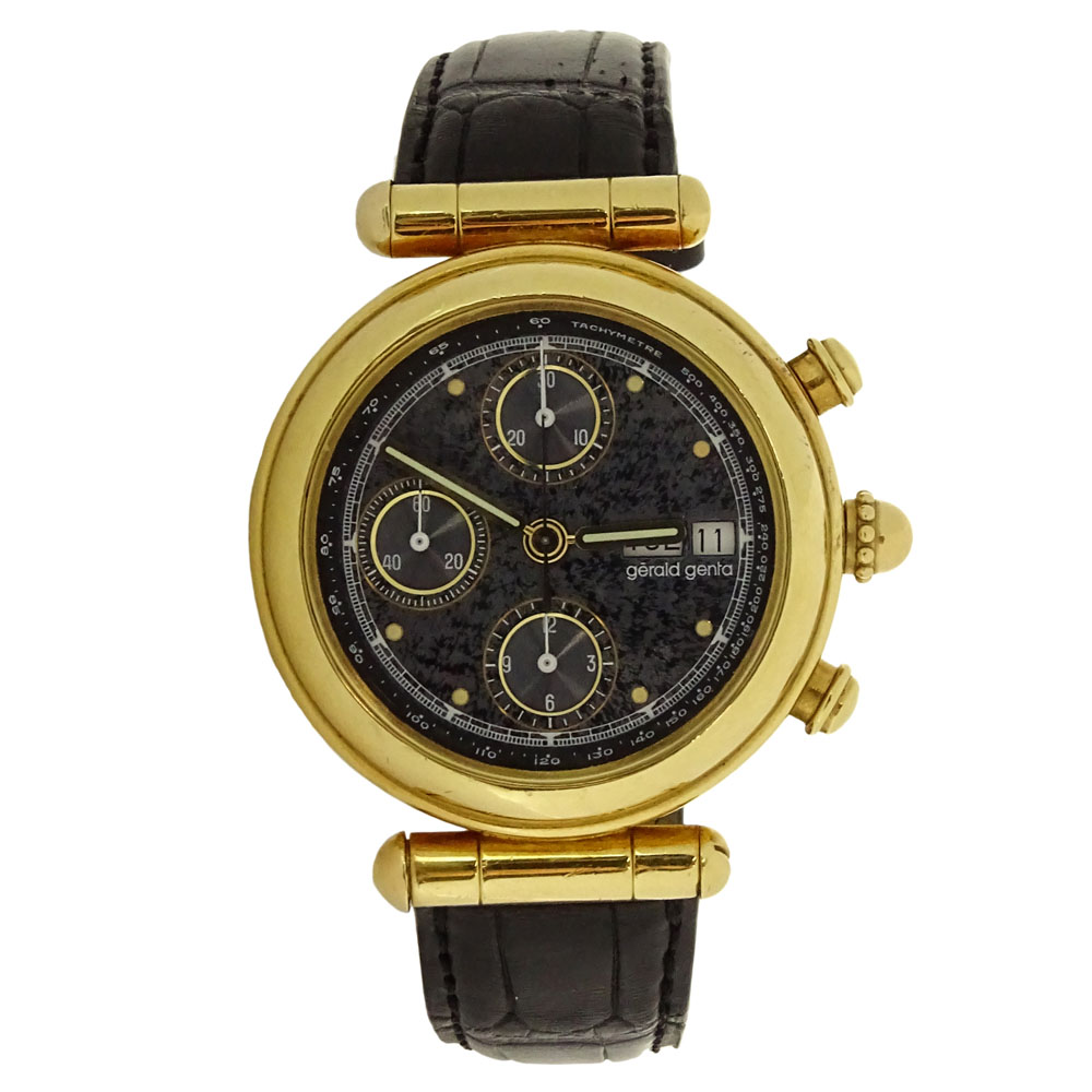 Men's Vintage Gerald Genta 18 Karat Yellow Gold Chronograph Automatic Movement Watch.