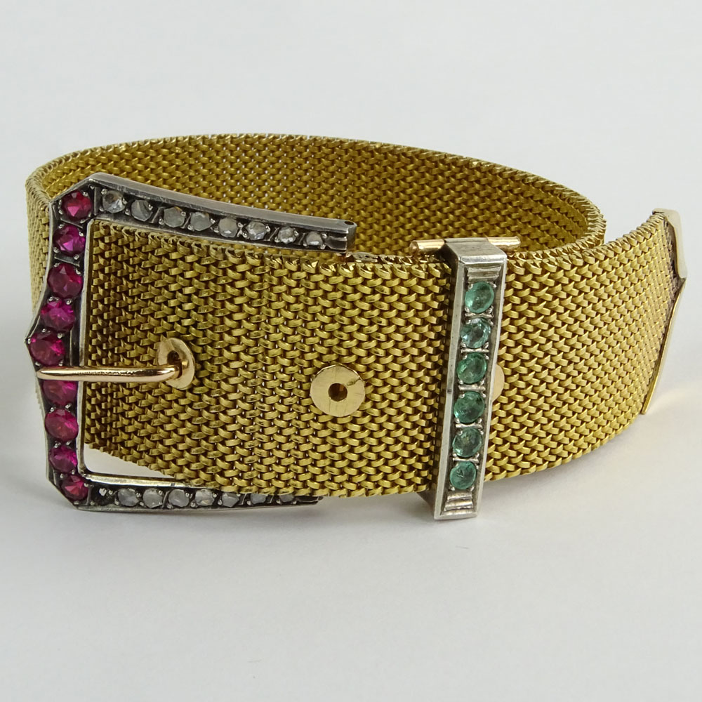 Antique 14 Karat Yellow Gold Diamond and Gemstone Belt Buckle Mesh Bracelet.