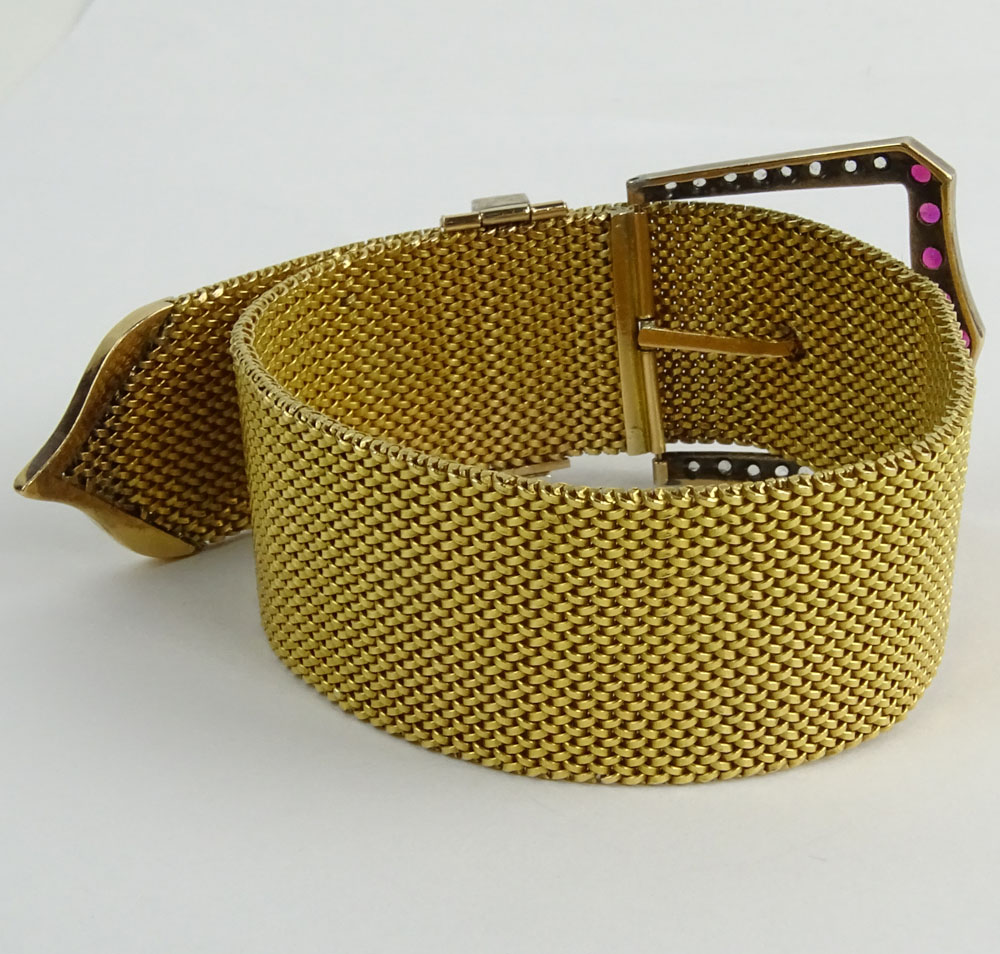 Antique 14 Karat Yellow Gold Diamond and Gemstone Belt Buckle Mesh Bracelet.