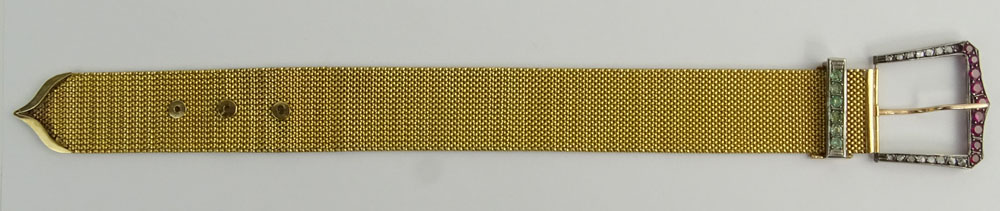 Antique 14 Karat Yellow Gold Diamond and Gemstone Belt Buckle Mesh Bracelet.
