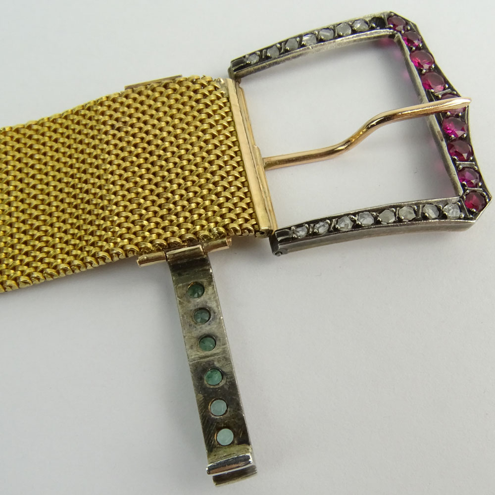 Antique 14 Karat Yellow Gold Diamond and Gemstone Belt Buckle Mesh Bracelet.