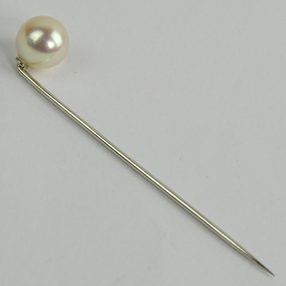 Circa 1970's Bulgari White Pearl and 14 Karat White Gold Stickpin in original fitted Bulgari box.