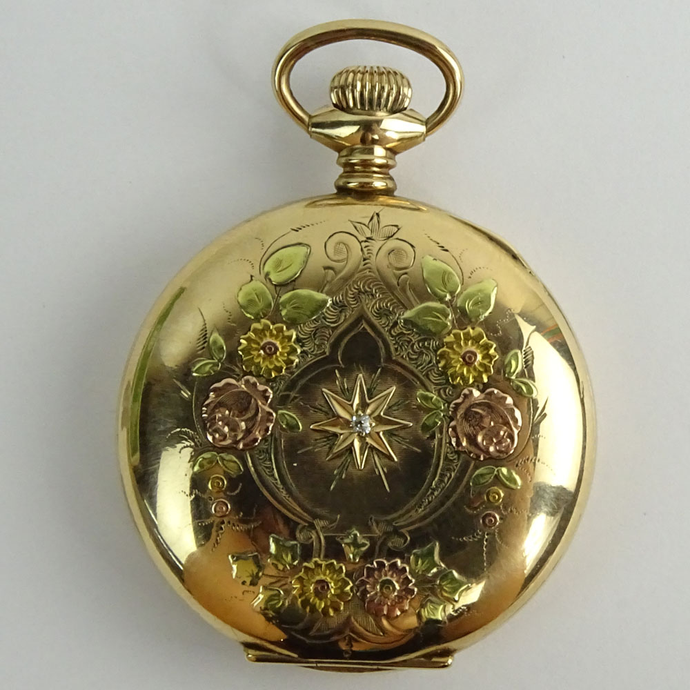 Antique Waltham Tri Color 10K Gold Watch With Inset Diamond.