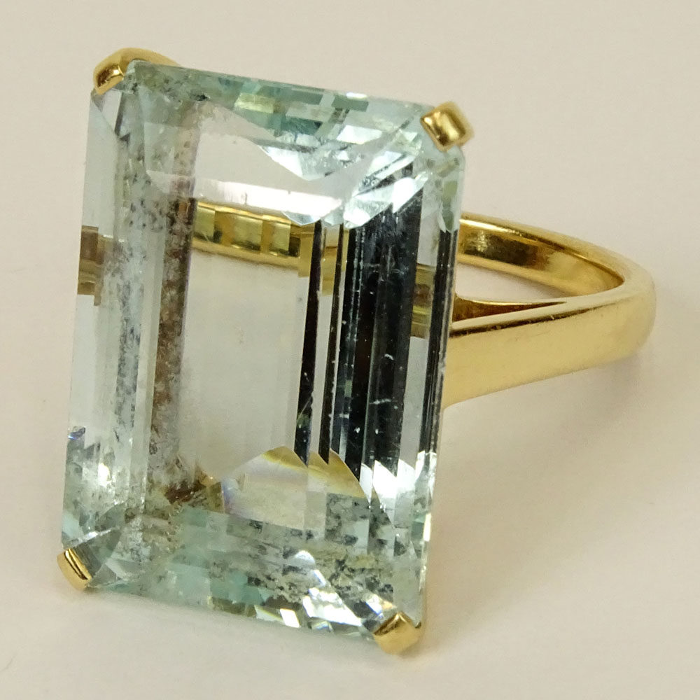 Circa 1960's Bulgari Emerald Cut Aquamarine and 18 Karat Yellow Gold Ring.