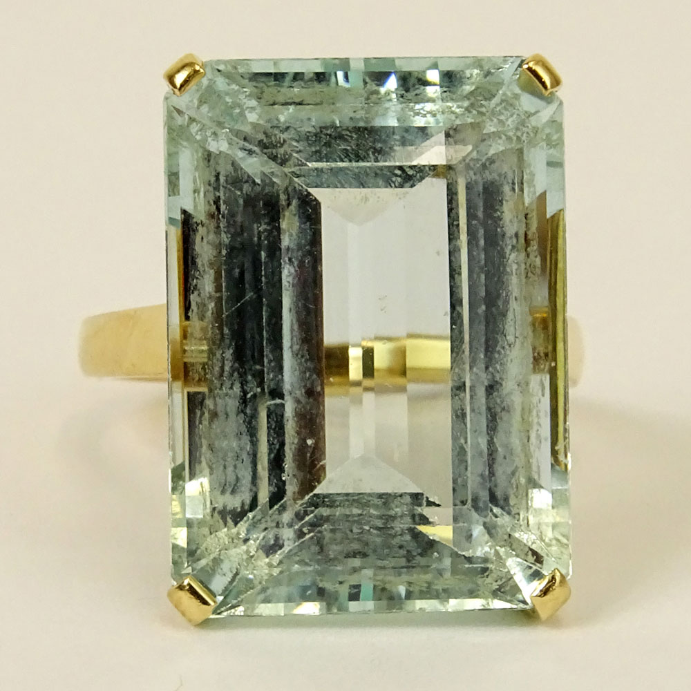 Circa 1960's Bulgari Emerald Cut Aquamarine and 18 Karat Yellow Gold Ring.