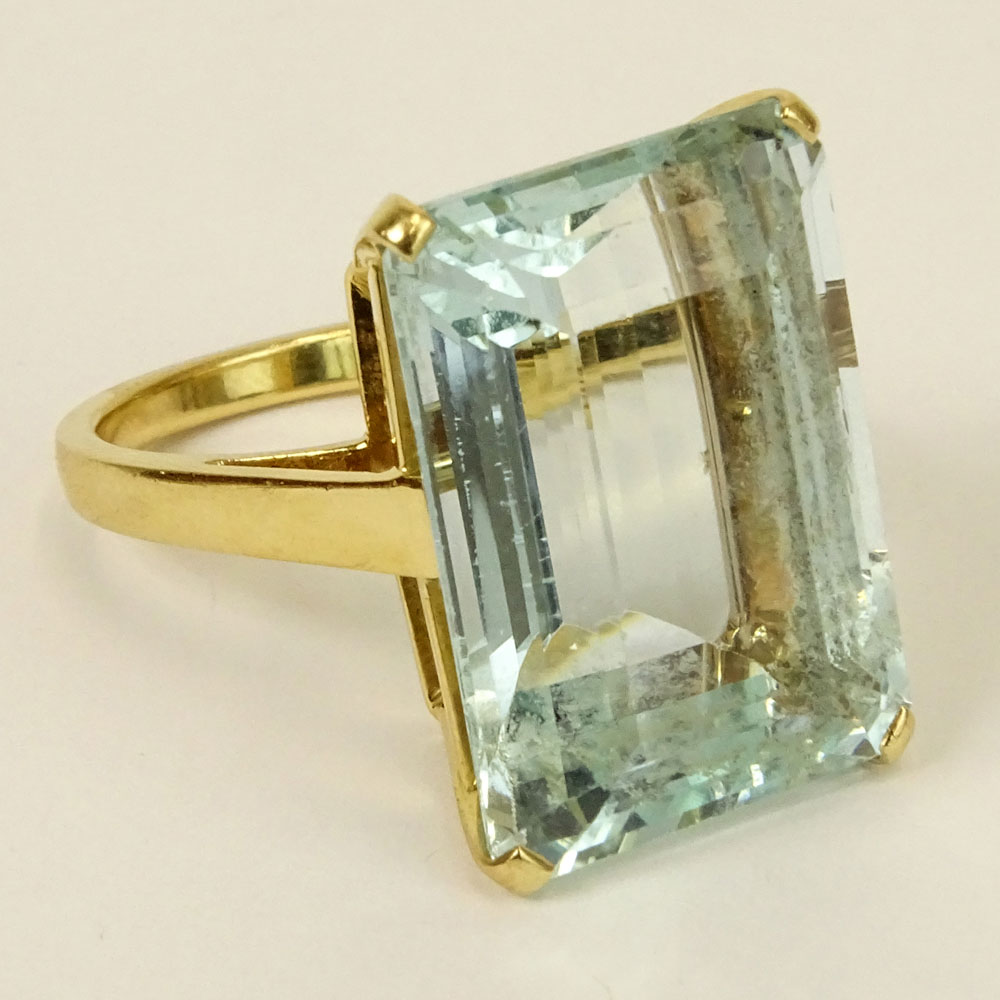 Circa 1960's Bulgari Emerald Cut Aquamarine and 18 Karat Yellow Gold Ring.