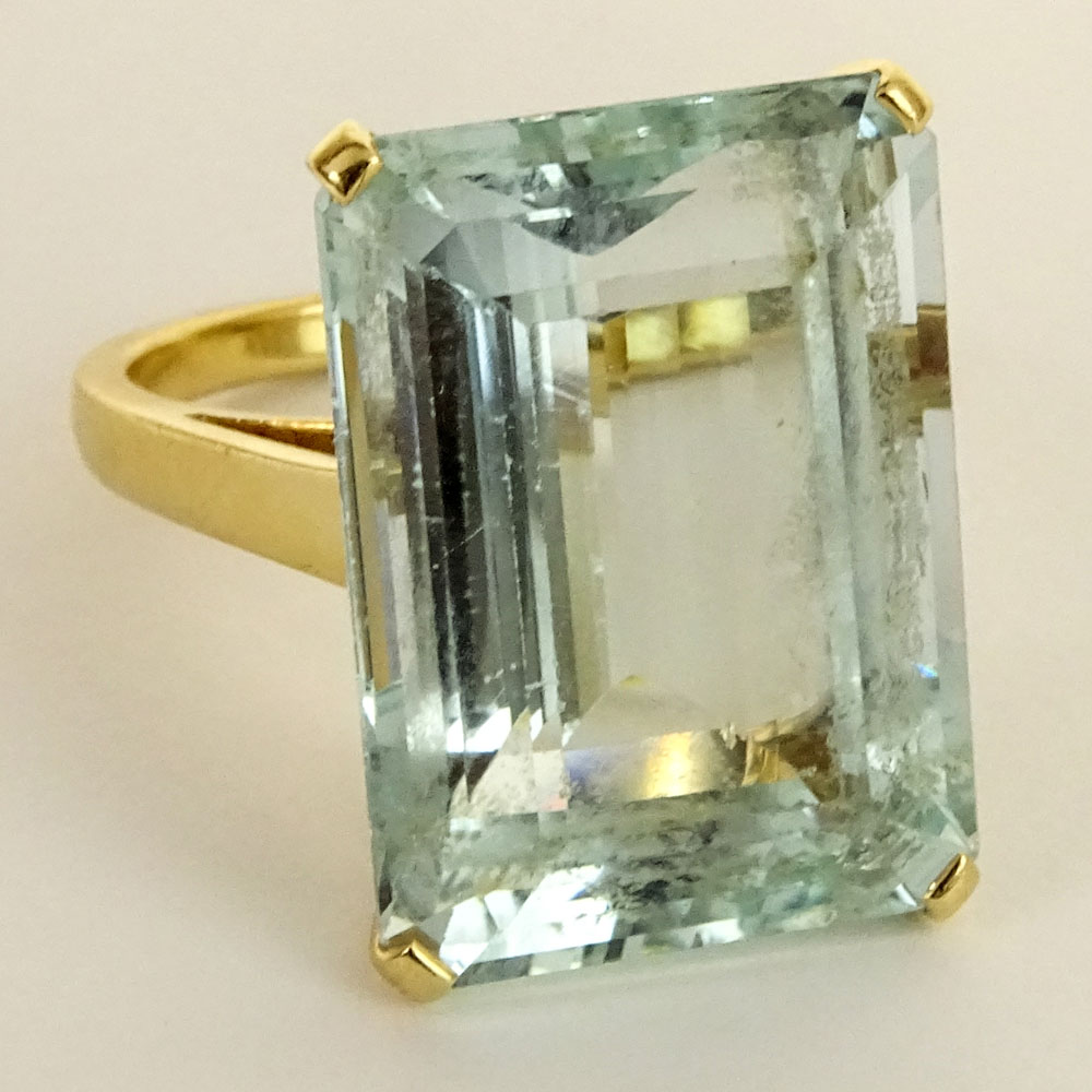 Circa 1960's Bulgari Emerald Cut Aquamarine and 18 Karat Yellow Gold Ring.