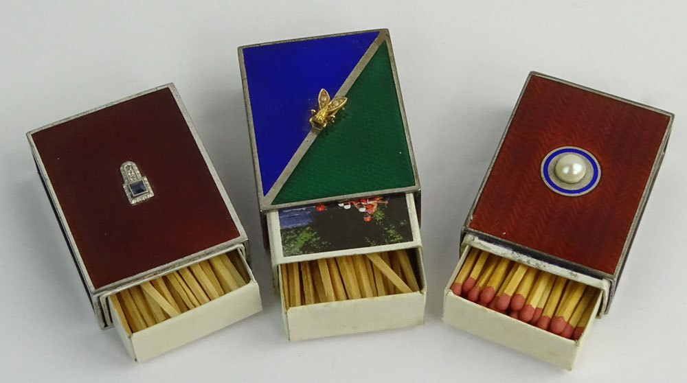 Three Vintage Silver and Guilloche Enamel Match Boxes with Embellishments to Tops.