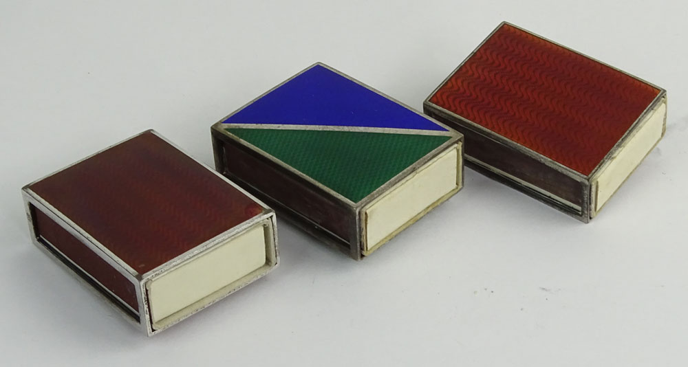 Three Vintage Silver and Guilloche Enamel Match Boxes with Embellishments to Tops.