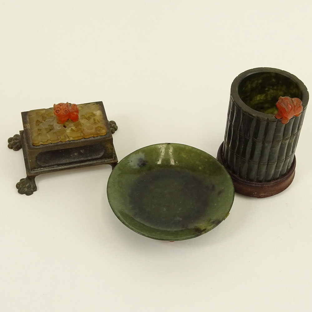 Vintage Three (3) Piece Chinese Jade and Carnelian Smoking Set.