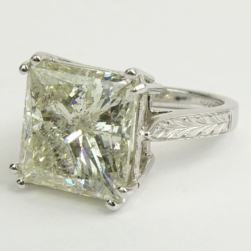 13.79 Carat Pricess Cut Diamond and 18 Karat White Gold Engagement Ring.