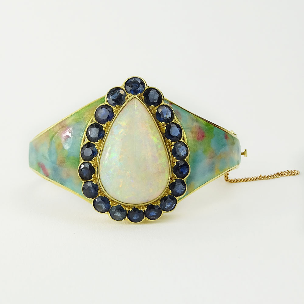 Large Pear Shape White Opal, Sapphire, Enamel and 18 Karat Yellow Gold Cuff Bracelet. 