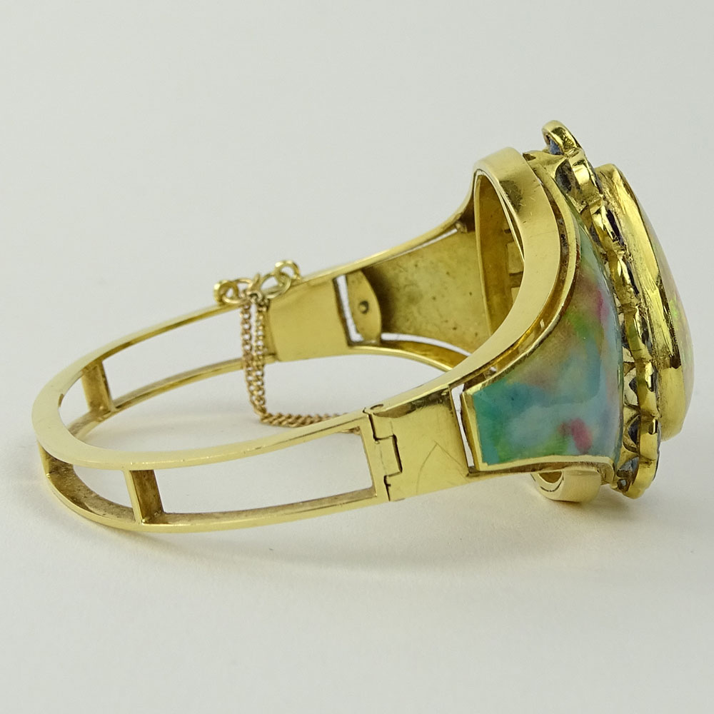 Large Pear Shape White Opal, Sapphire, Enamel and 18 Karat Yellow Gold Cuff Bracelet. 