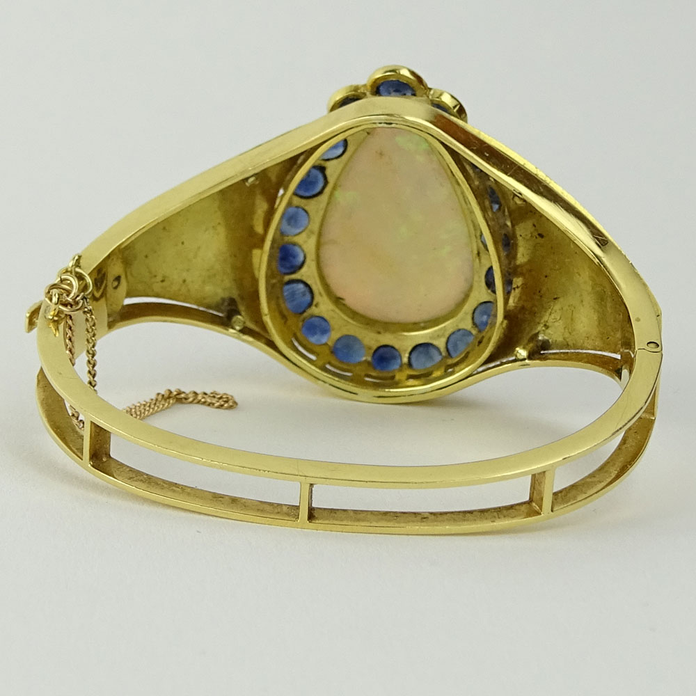 Large Pear Shape White Opal, Sapphire, Enamel and 18 Karat Yellow Gold Cuff Bracelet. 