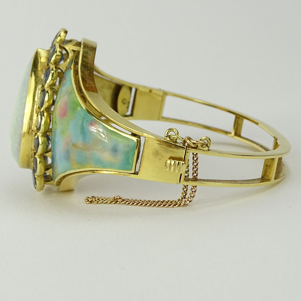 Large Pear Shape White Opal, Sapphire, Enamel and 18 Karat Yellow Gold Cuff Bracelet. 