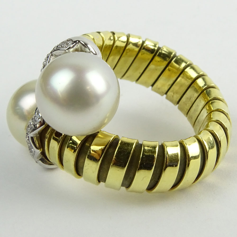 Vintage Bulgari style 18 Karat Yellow Gold, Pearl and Diamond Cross Over Ring. 