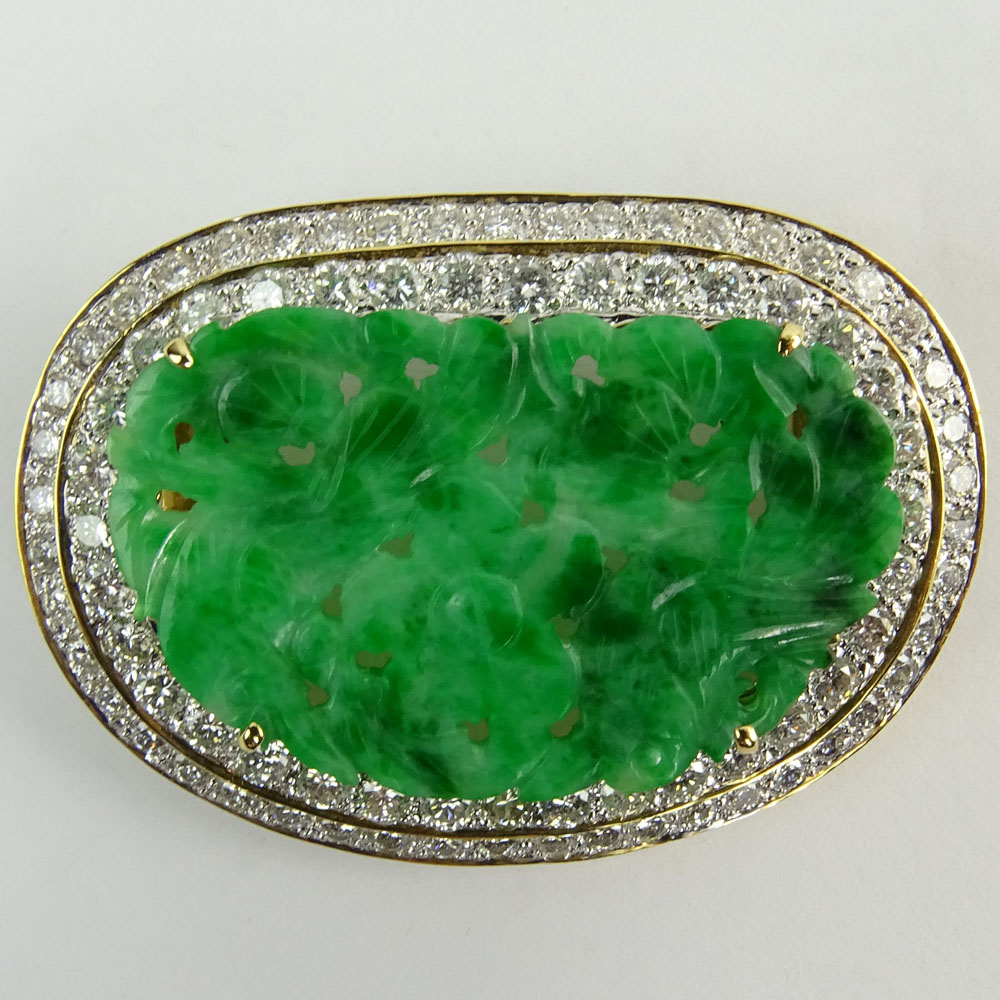 Vintage Approx. 3.70-4.0 Carat Round Brilliant Cut Diamond, Carved Jadeite and 18 Karat Yellow Gold Pendant.