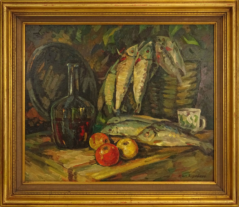 Attributed to: Konstantin Korovin, Russian Oil on canvas, Still Life with Fish.