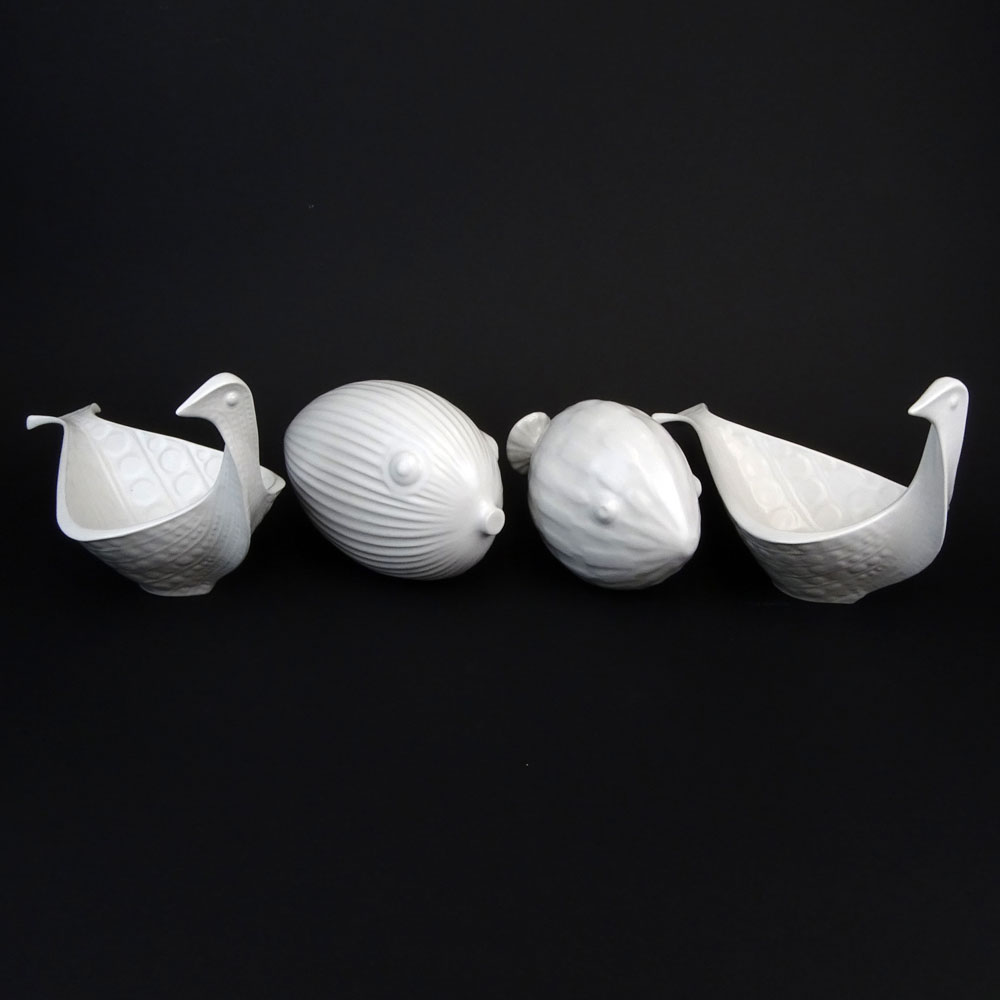 Lot of Four (4) Jonathan Adler White Pottery Decorative Items. Includes a pair of "Menagerie" Bird Bowls and two (2) "Puffer Fish" figures.