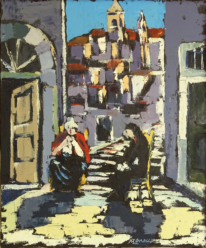 Mid 20th Century Oil Painting bears signature Iagnocco (?). "Chatting In The Square" 