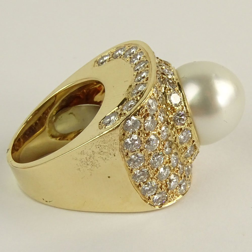 Lady's Approx. 6.75 carat Round Brilliant Cut Diamond, 13.5mm South Sea Pearl and 18 Karat Yellow Gold Ring.