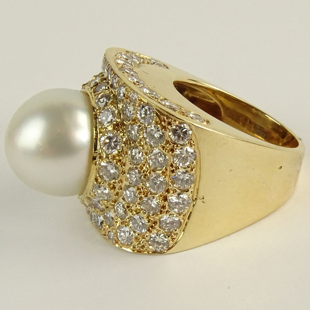 Lady's Approx. 6.75 carat Round Brilliant Cut Diamond, 13.5mm South Sea Pearl and 18 Karat Yellow Gold Ring.