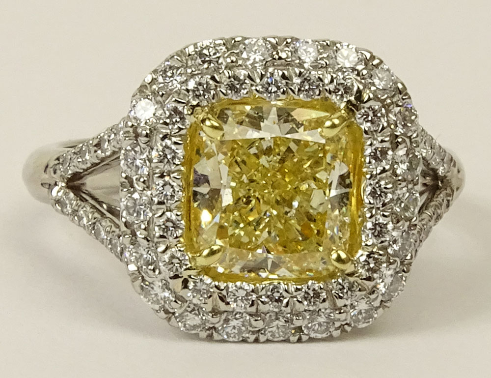 EGL Certified 2.14 Carat Cushion Cut Fancy Intense Yellow Diamond and Platinum Engagement Ring