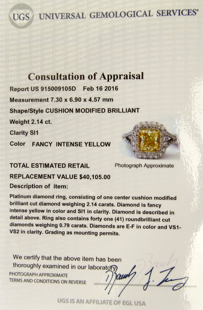 EGL Certified 2.14 Carat Cushion Cut Fancy Intense Yellow Diamond and Platinum Engagement Ring