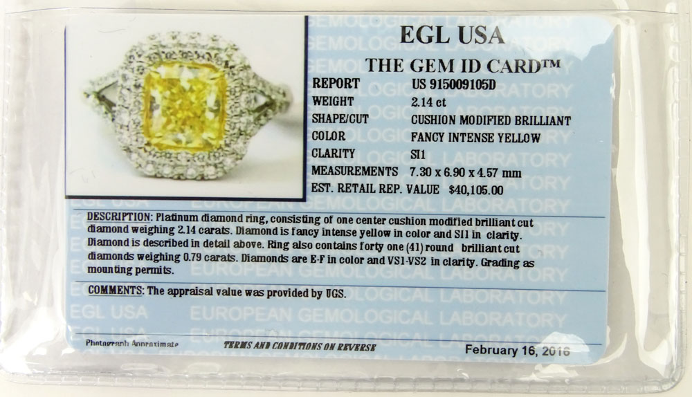 EGL Certified 2.14 Carat Cushion Cut Fancy Intense Yellow Diamond and Platinum Engagement Ring