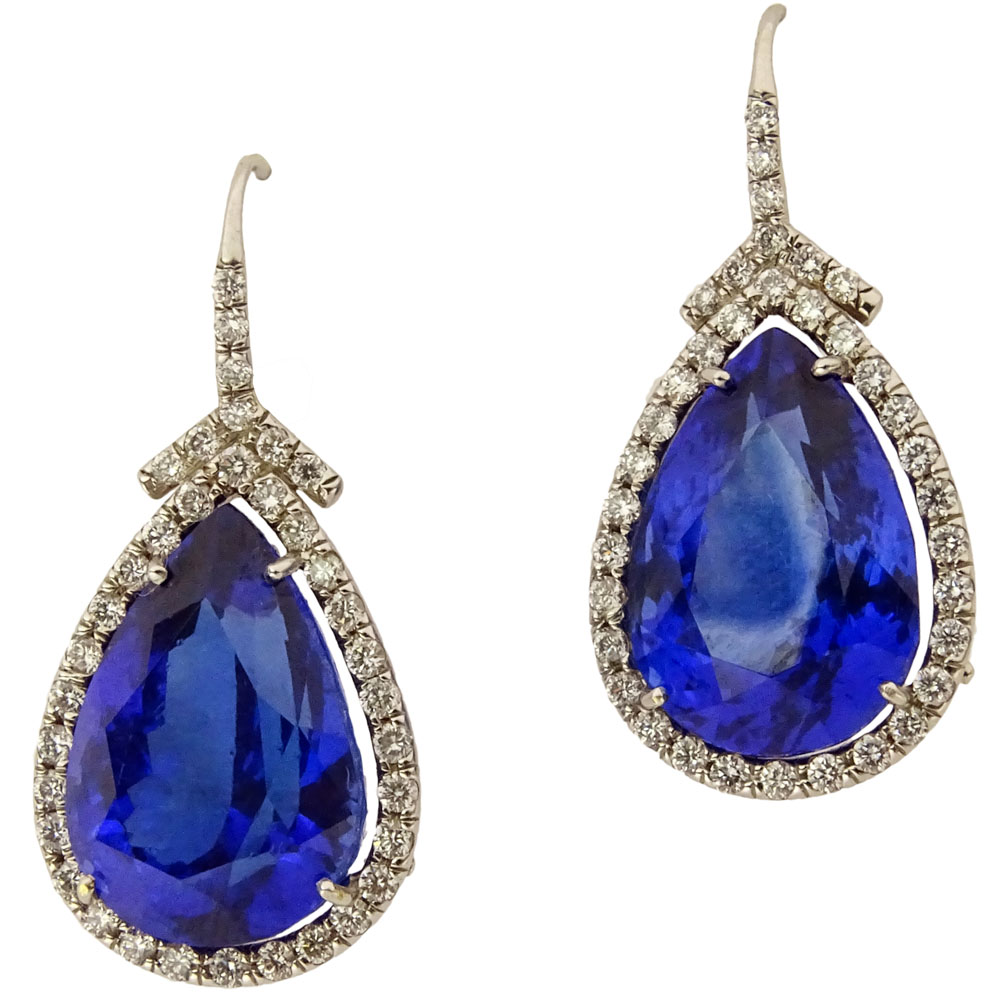 Fine Quality Approx. 21.80 Carat Pear Shape Tanzanite, 1.07 Carat Diamond and 18 Karat White Gold earrings. 