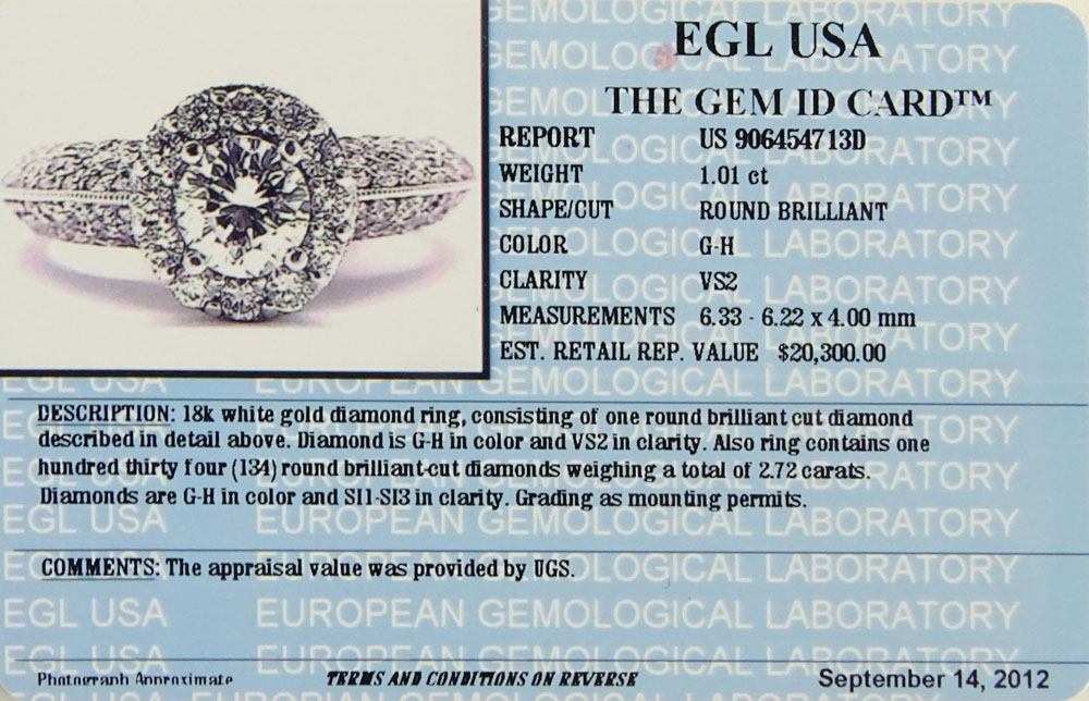 EGL Certified 1.01 Carat Round Brilliant Cut Diamond and 18 Karat White Gold Engagement Ring