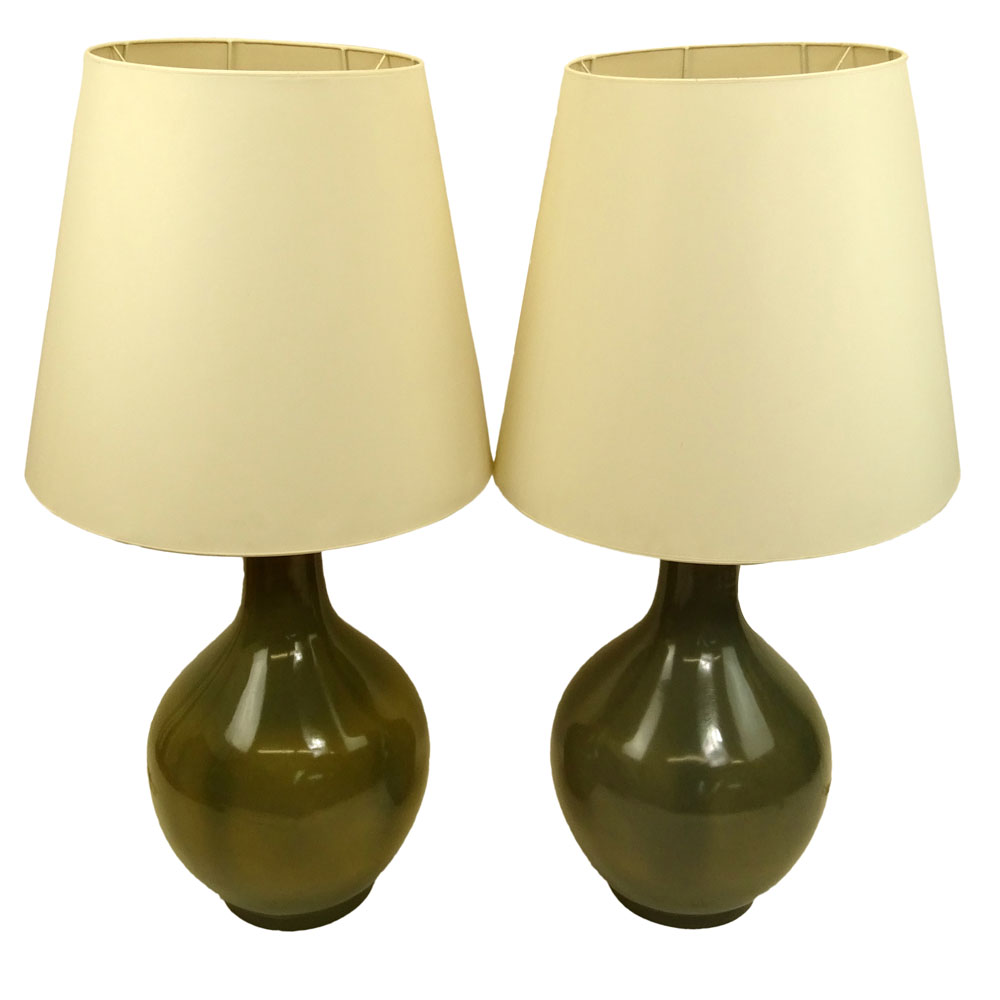 Large Pair of Mid Century Modern Bulbous Composite Lamps with oversize cardboard shades.
