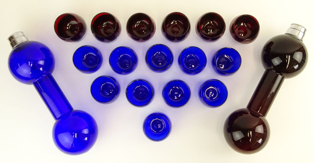 Art Deco circa 1930's Eighteen (18) Piece Cobalt Blue and Ruby Red Glass and Chase Company Liquor Set.