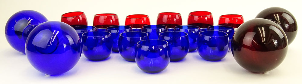 Art Deco circa 1930's Eighteen (18) Piece Cobalt Blue and Ruby Red Glass and Chase Company Liquor Set.