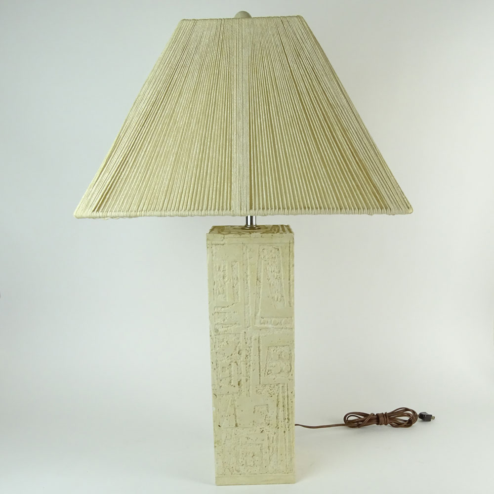 Mid Century Modern Carved Marble Paneled Lamp With Mid Century Silk Threaded Shade.