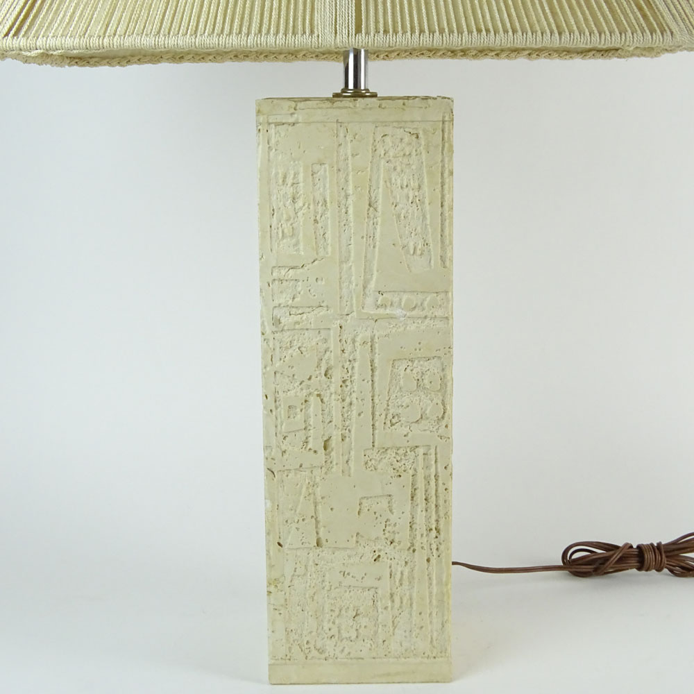 Mid Century Modern Carved Marble Paneled Lamp With Mid Century Silk Threaded Shade.