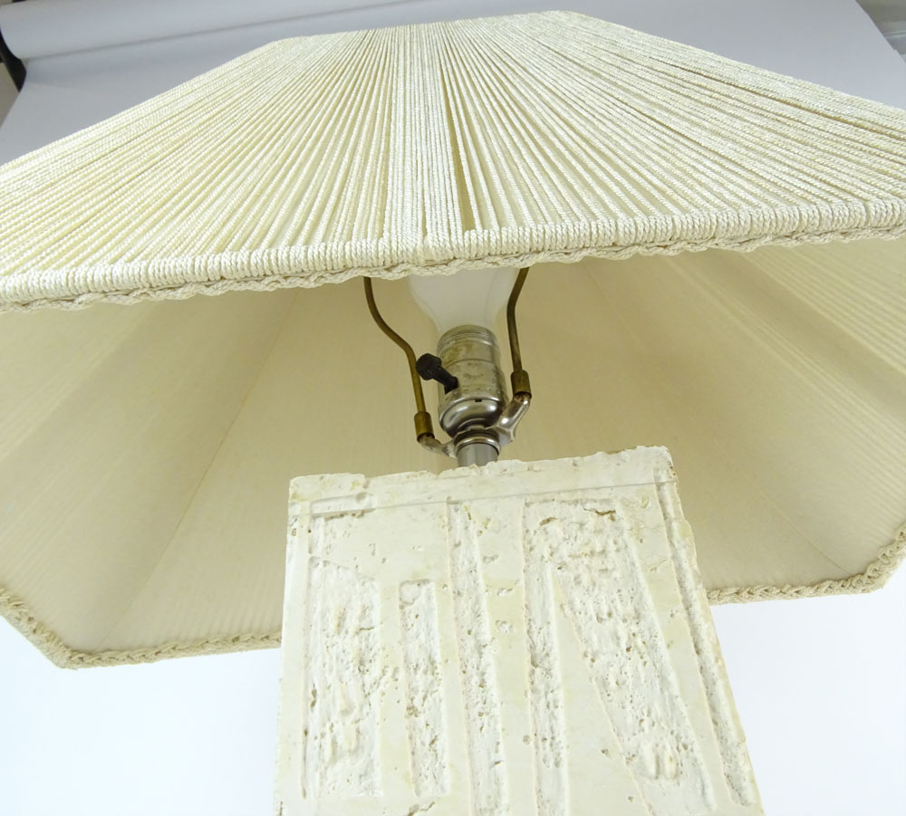 Mid Century Modern Carved Marble Paneled Lamp With Mid Century Silk Threaded Shade.